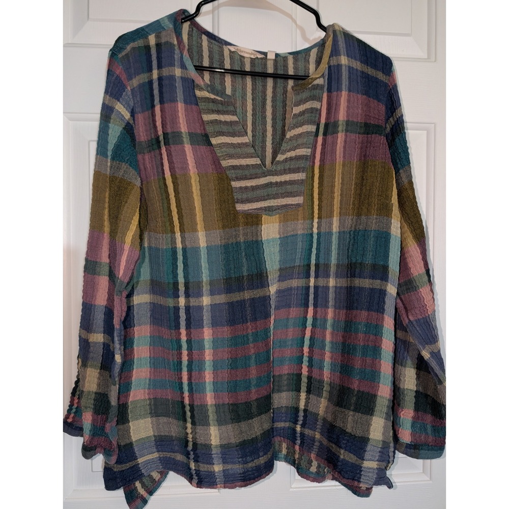Soft Surroundings Plaid Crinkle Cotton Tunic Top 1X Boho Artsy